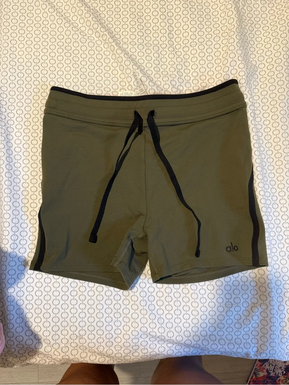 ALO Yoga Olive Green Athletic Shorts with Black Trim